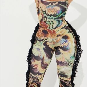 Multicolor Abstract Jumpsuit with Fringe